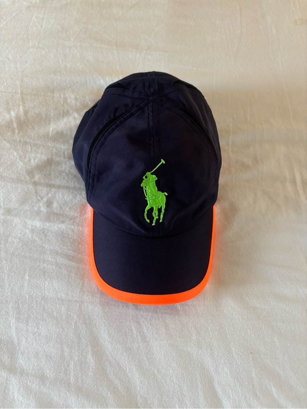 Polo Ralph Lauren Navy Cap with Neon Green Logo and Orange Trim